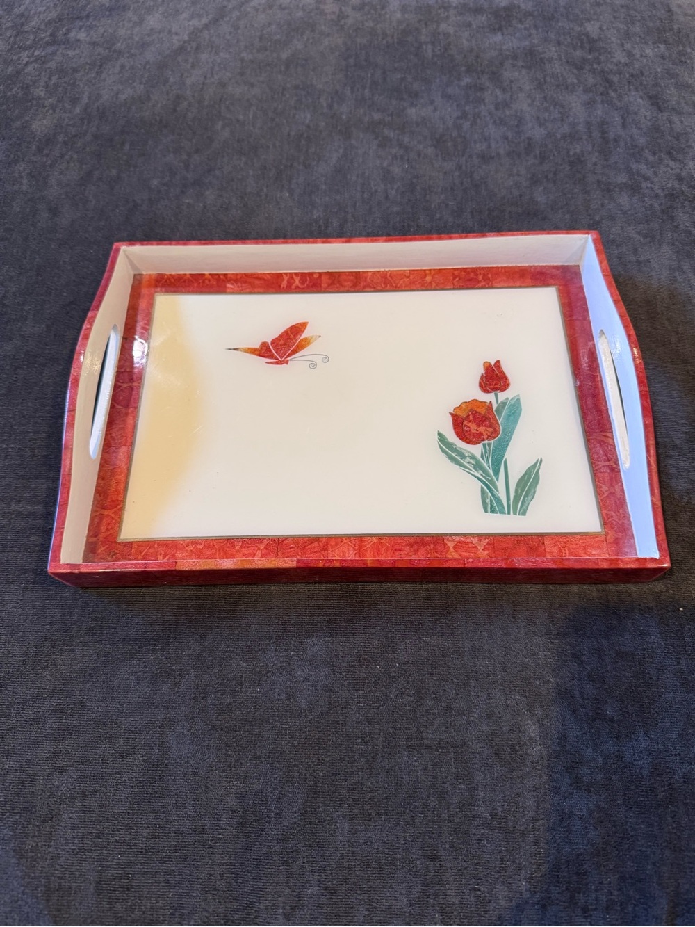 Red Floral Decorative Serving Tray Crafted From the Philippines